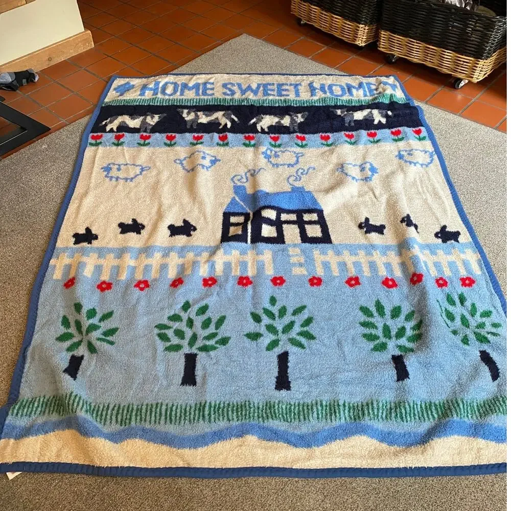 Vtg 80s Dinarsu Crown Crafts Acrylic Home Sweet Home Blanket  80” X 60” Cows